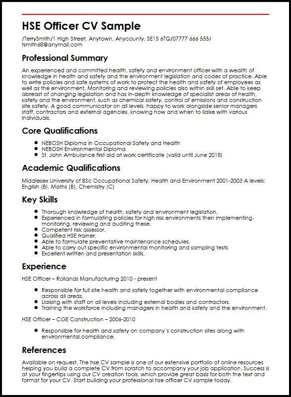Health, Safety and Environment Officer CV Example - myPerfectCV