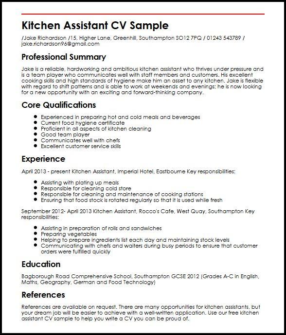 sample resume for kitchen assistant