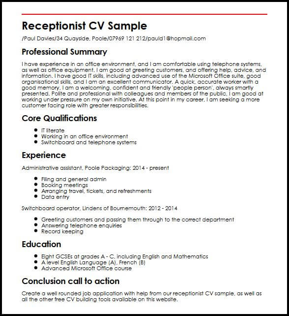 Receptionist CV Sample | MyperfectCV