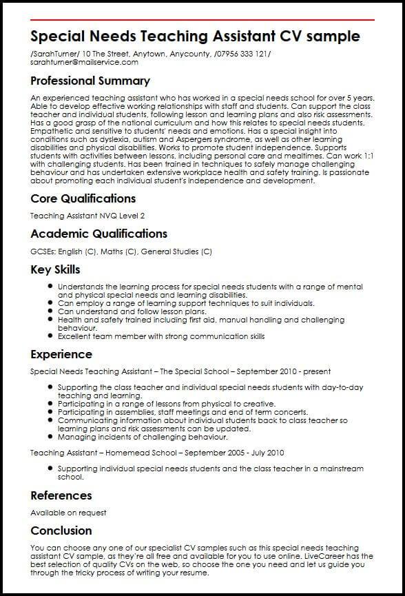 Special Needs Teaching Assistant Cv Example Myperfectcv