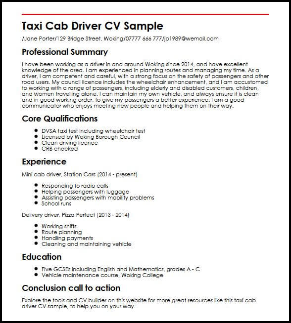 resume format for cab driver