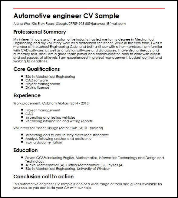 automobile service engineer resume