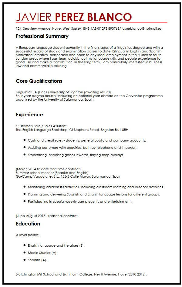 resume examples for international students