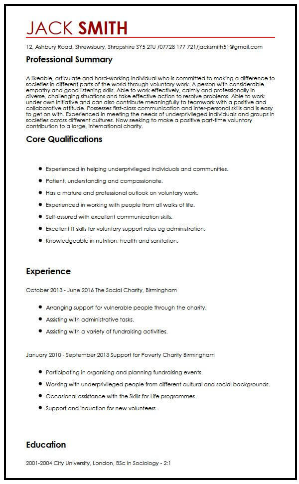 sample resume for a volunteer position