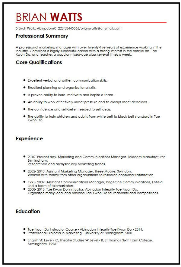 sample resume with interests section