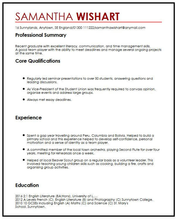 CV Sample With No Job Experience - MyPerfectCV