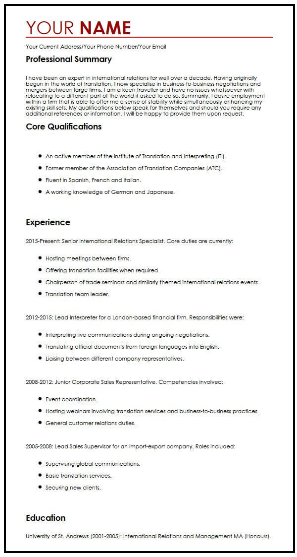 resume sample for international jobs