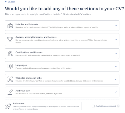 MyPerfectCV Additional Sections In Web Builder